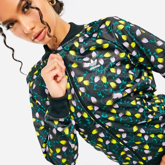 Adidas Originals RARE Floral Bomber Jacket Zip-Up Women’s Sporty Black Size M - Picture 2 of 15